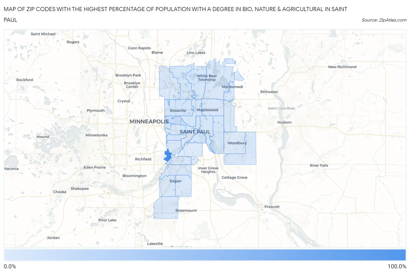Zip Codes with the Highest Percentage of Population with a Degree in Bio, Nature & Agricultural in Saint Paul Map