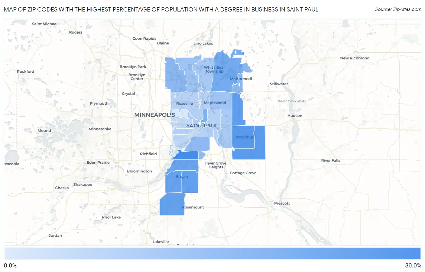Zip Codes with the Highest Percentage of Population with a Degree in Business in Saint Paul Map