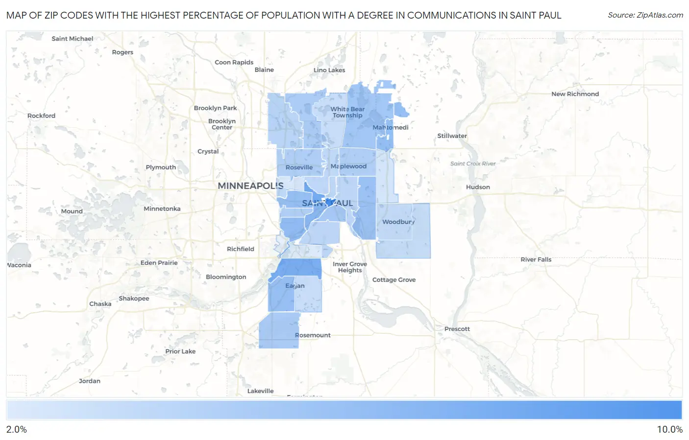 Zip Codes with the Highest Percentage of Population with a Degree in Communications in Saint Paul Map