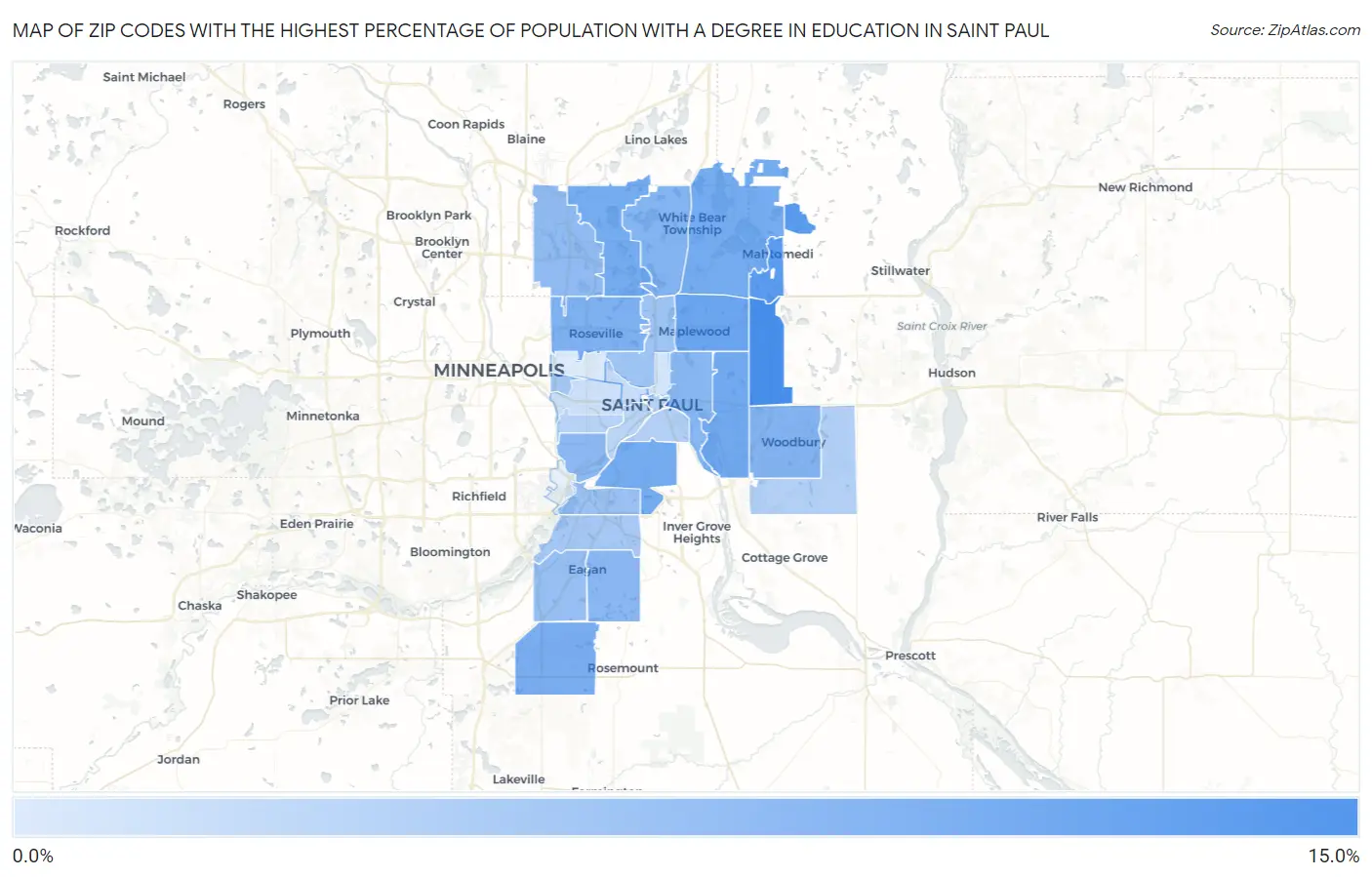 Zip Codes with the Highest Percentage of Population with a Degree in Education in Saint Paul Map