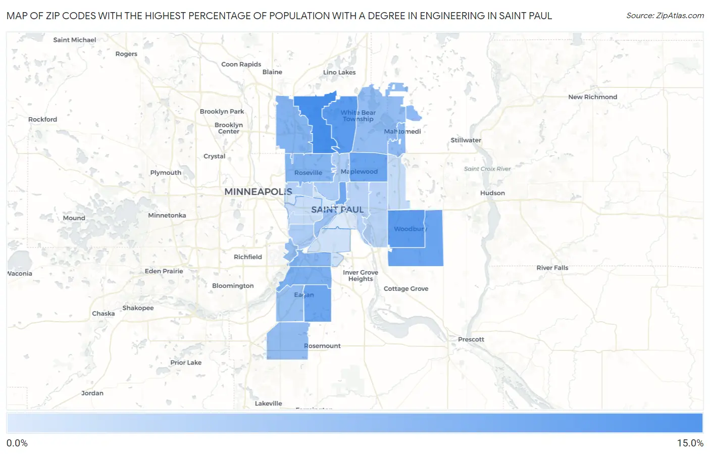 Zip Codes with the Highest Percentage of Population with a Degree in Engineering in Saint Paul Map