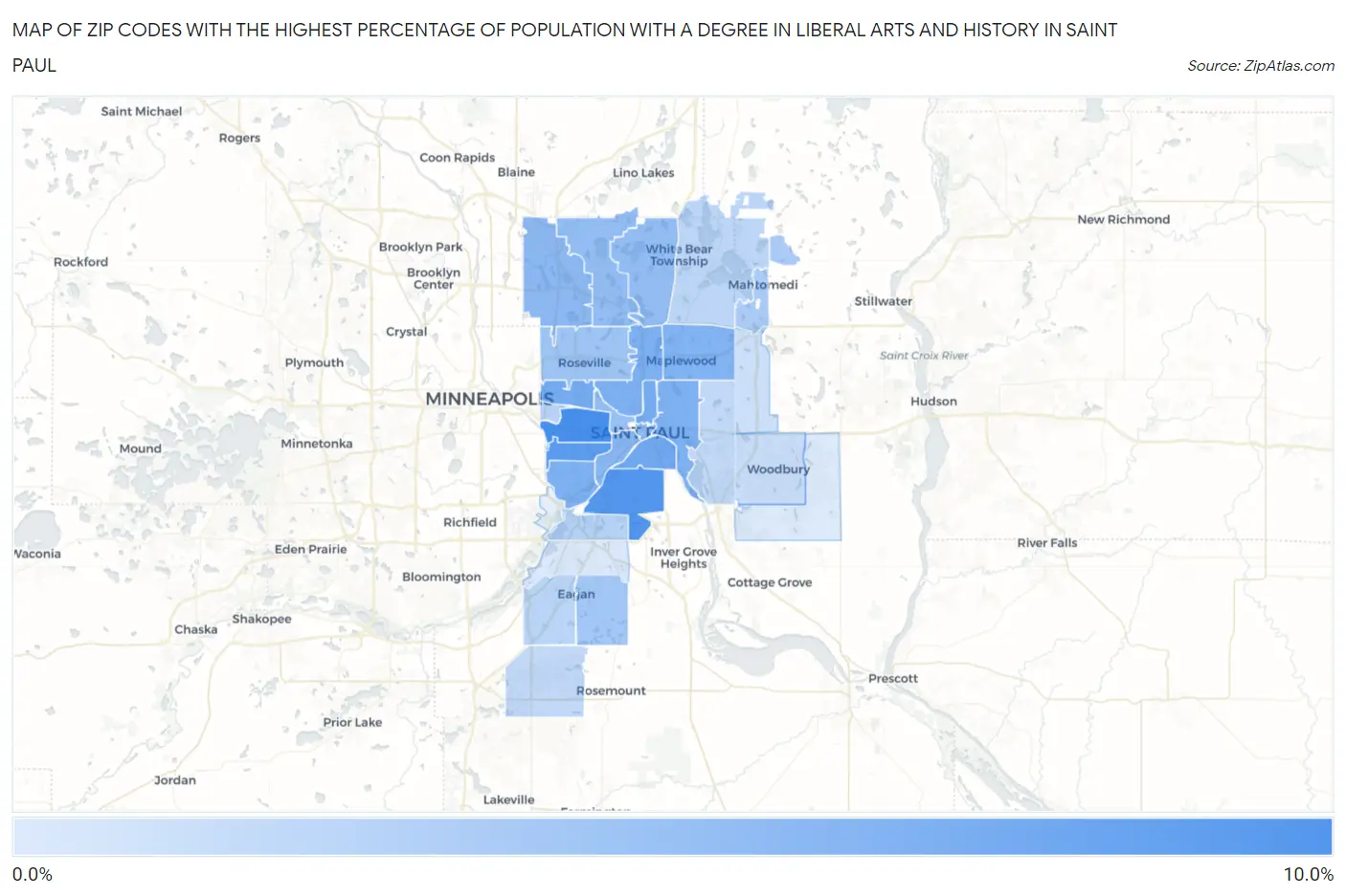 Zip Codes with the Highest Percentage of Population with a Degree in Liberal Arts and History in Saint Paul Map