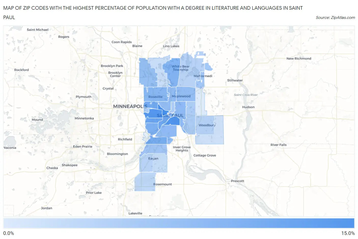 Zip Codes with the Highest Percentage of Population with a Degree in Literature and Languages in Saint Paul Map