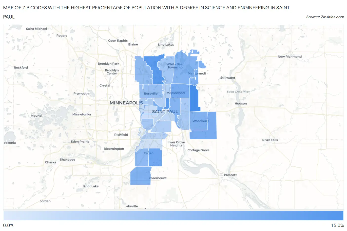 Zip Codes with the Highest Percentage of Population with a Degree in Science and Engineering in Saint Paul Map