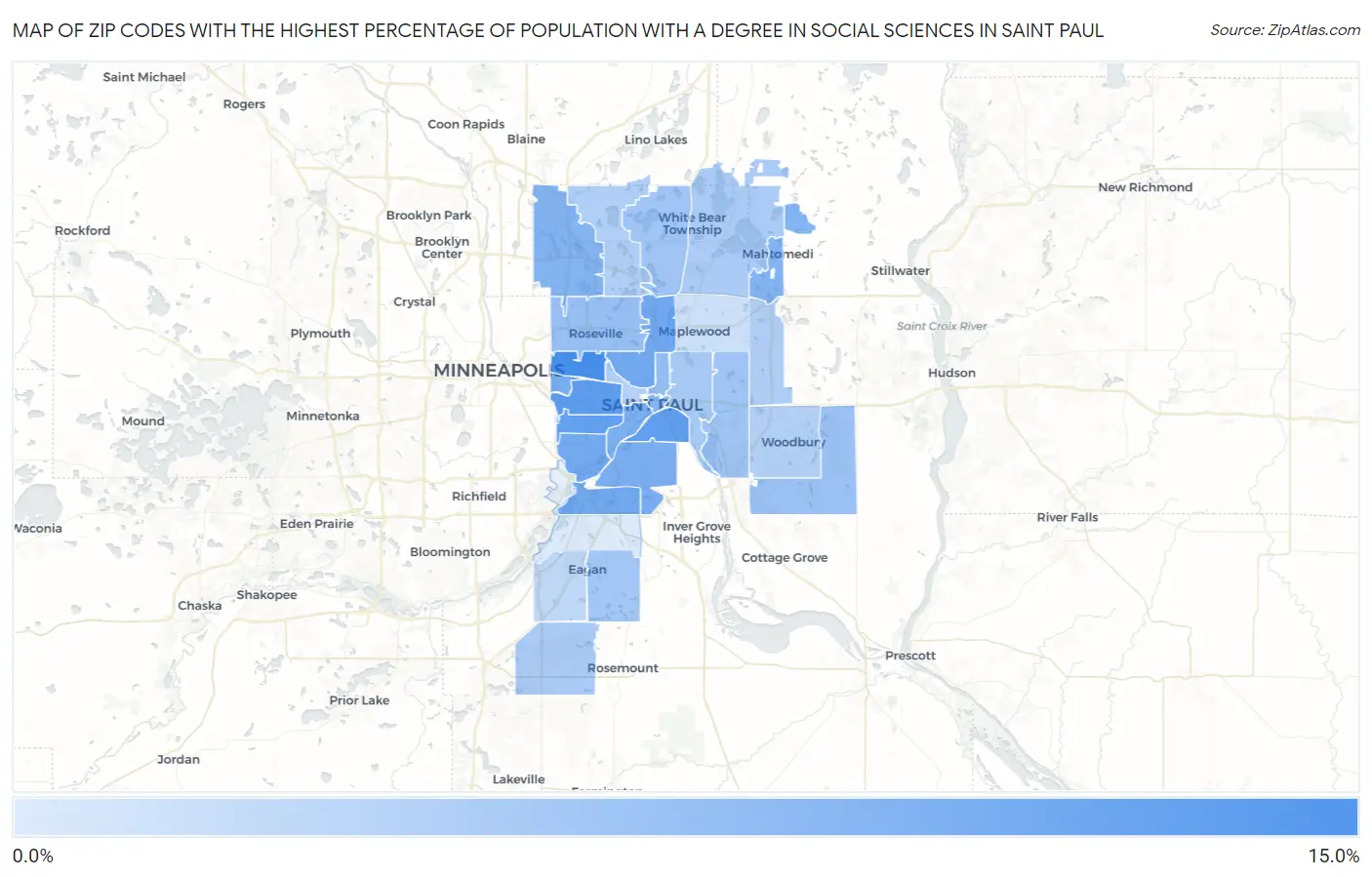Zip Codes with the Highest Percentage of Population with a Degree in Social Sciences in Saint Paul Map