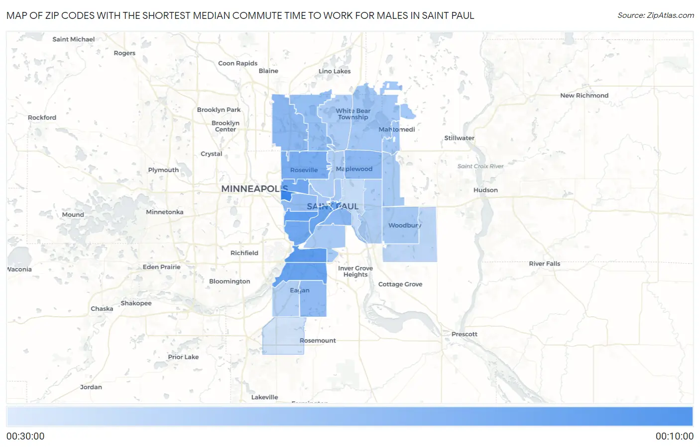 Zip Codes with the Shortest Median Commute Time to Work for Males in Saint Paul Map