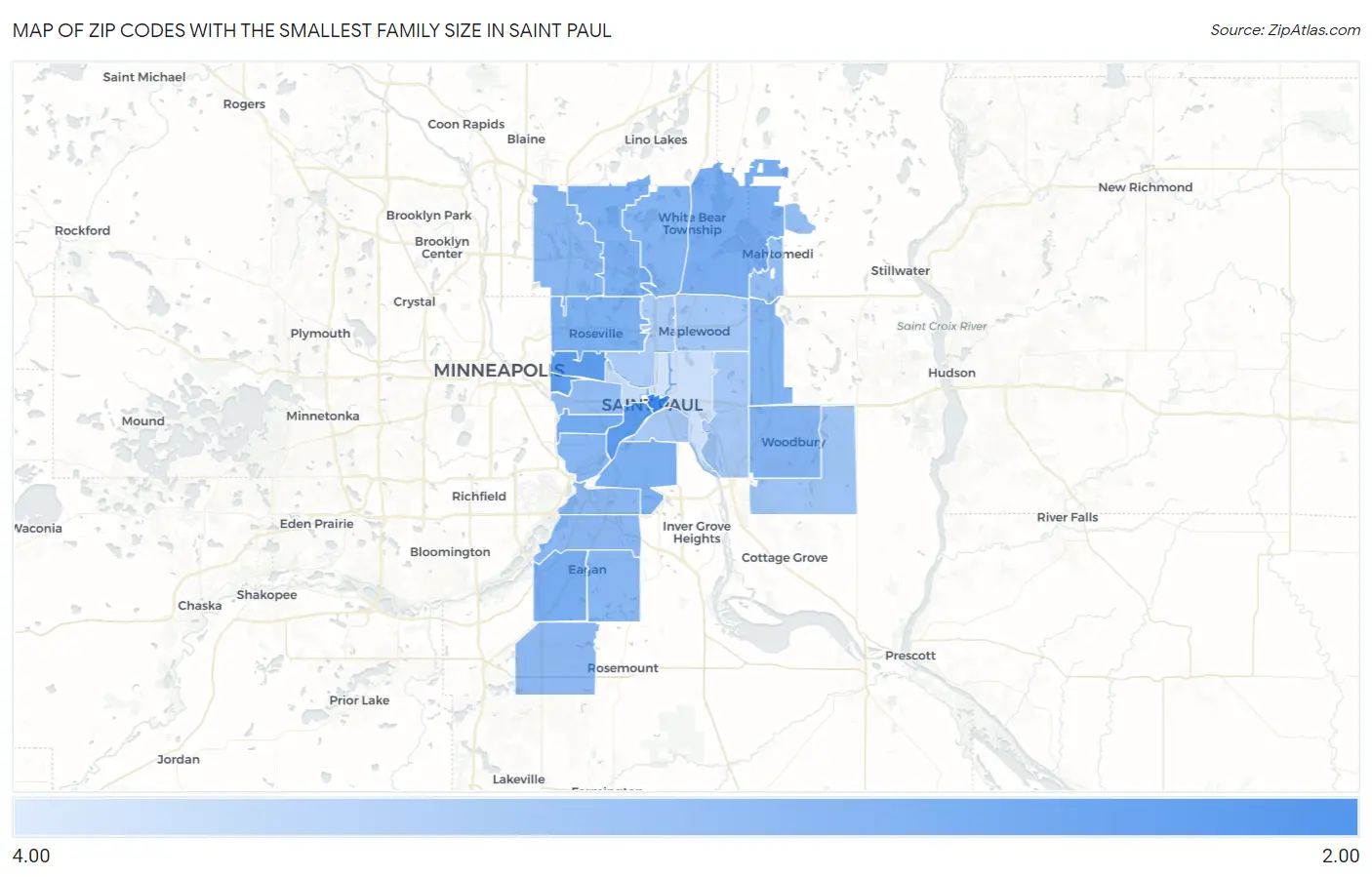 Zip Codes with the Smallest Family Size in Saint Paul Map