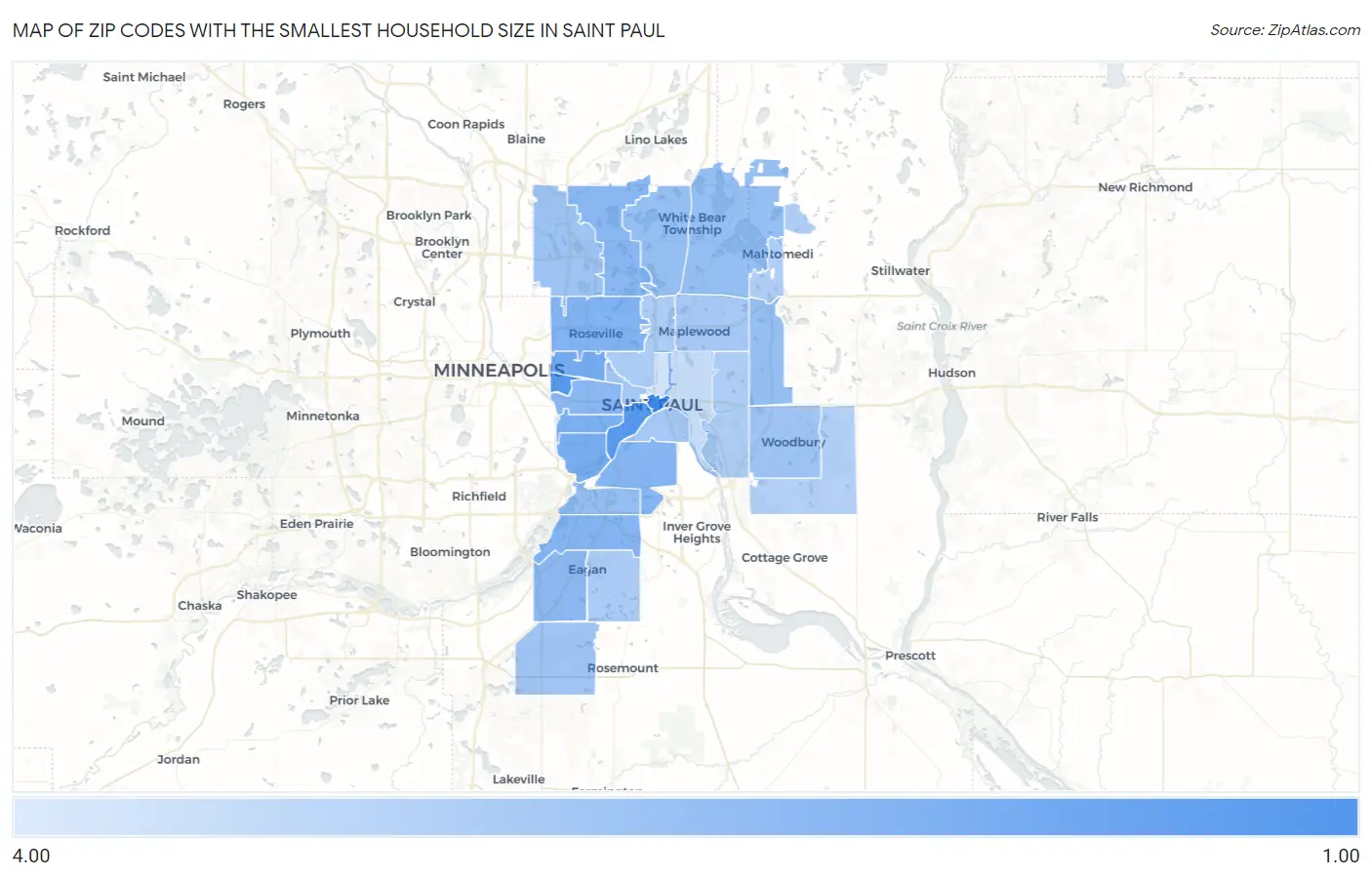Zip Codes with the Smallest Household Size in Saint Paul Map