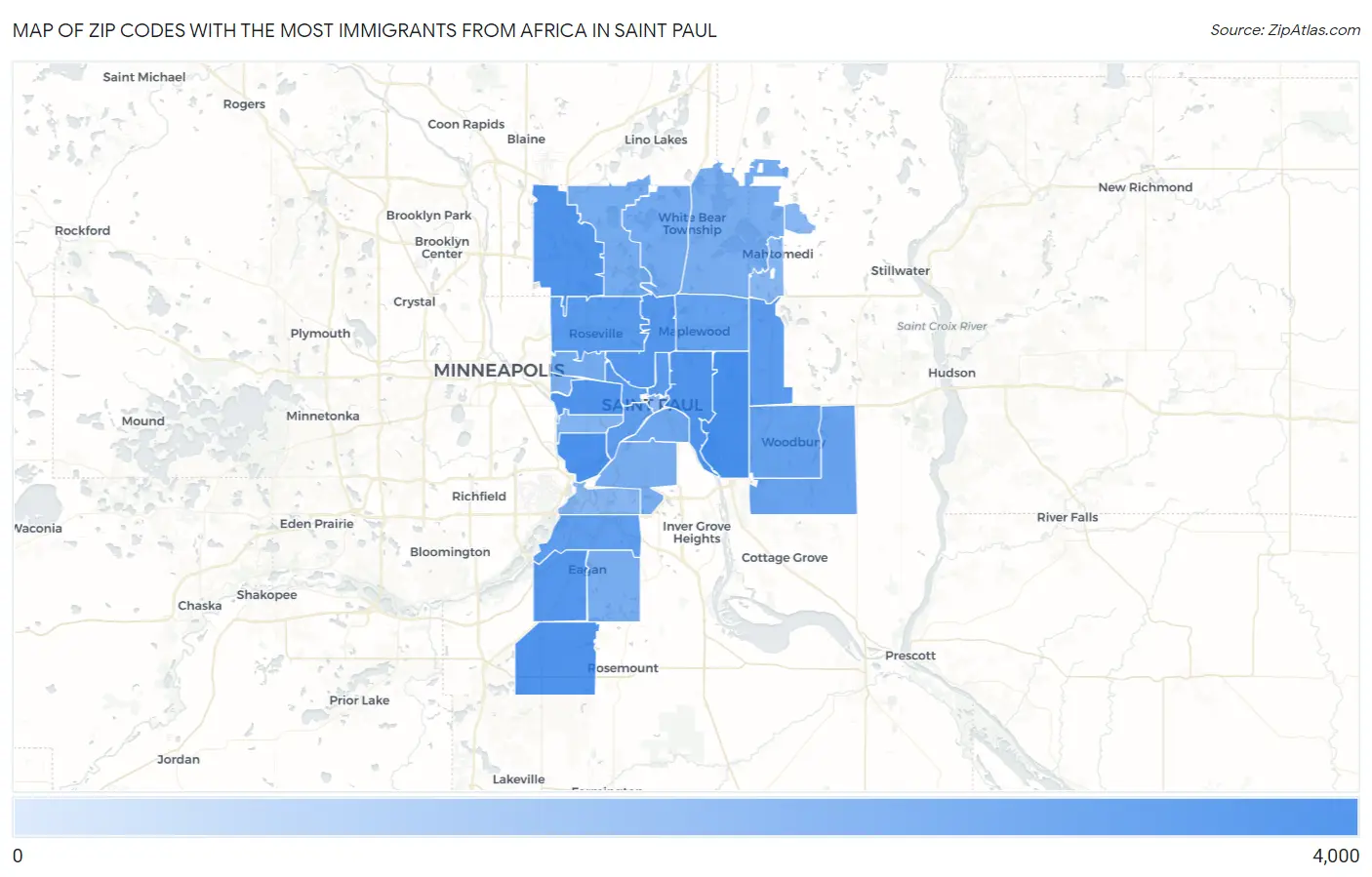 Zip Codes with the Most Immigrants from Africa in Saint Paul Map