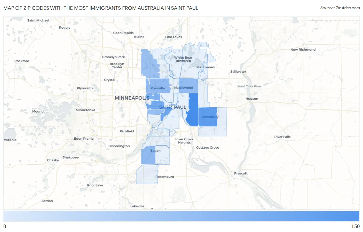 Zip Codes with the Most Immigrants from Australia in Saint Paul Map
