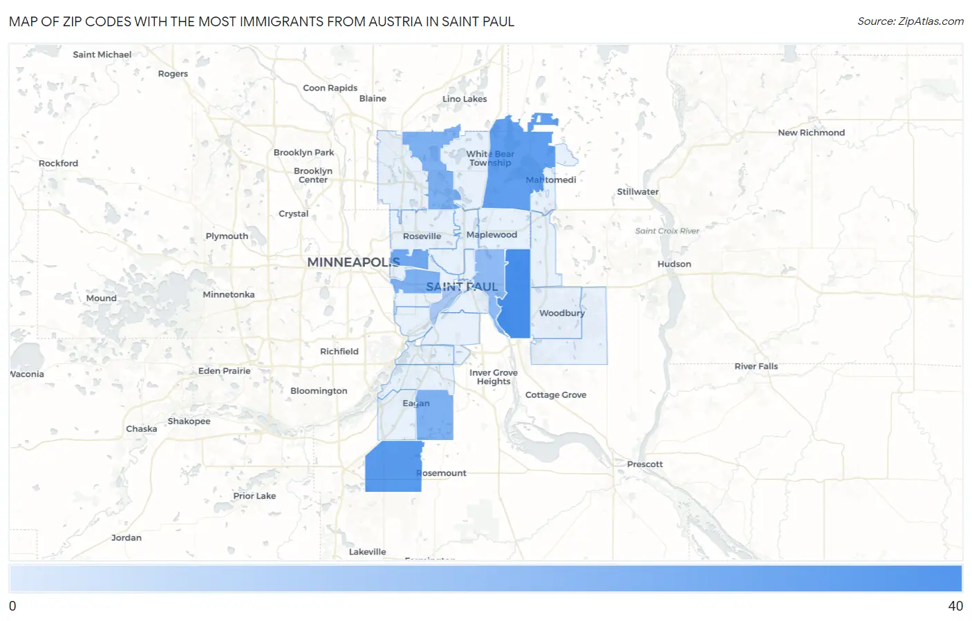 Zip Codes with the Most Immigrants from Austria in Saint Paul Map