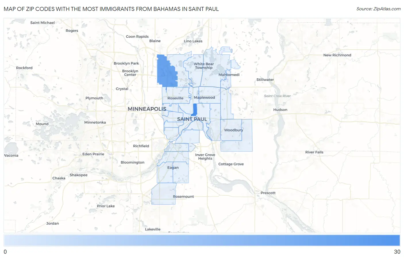 Zip Codes with the Most Immigrants from Bahamas in Saint Paul Map