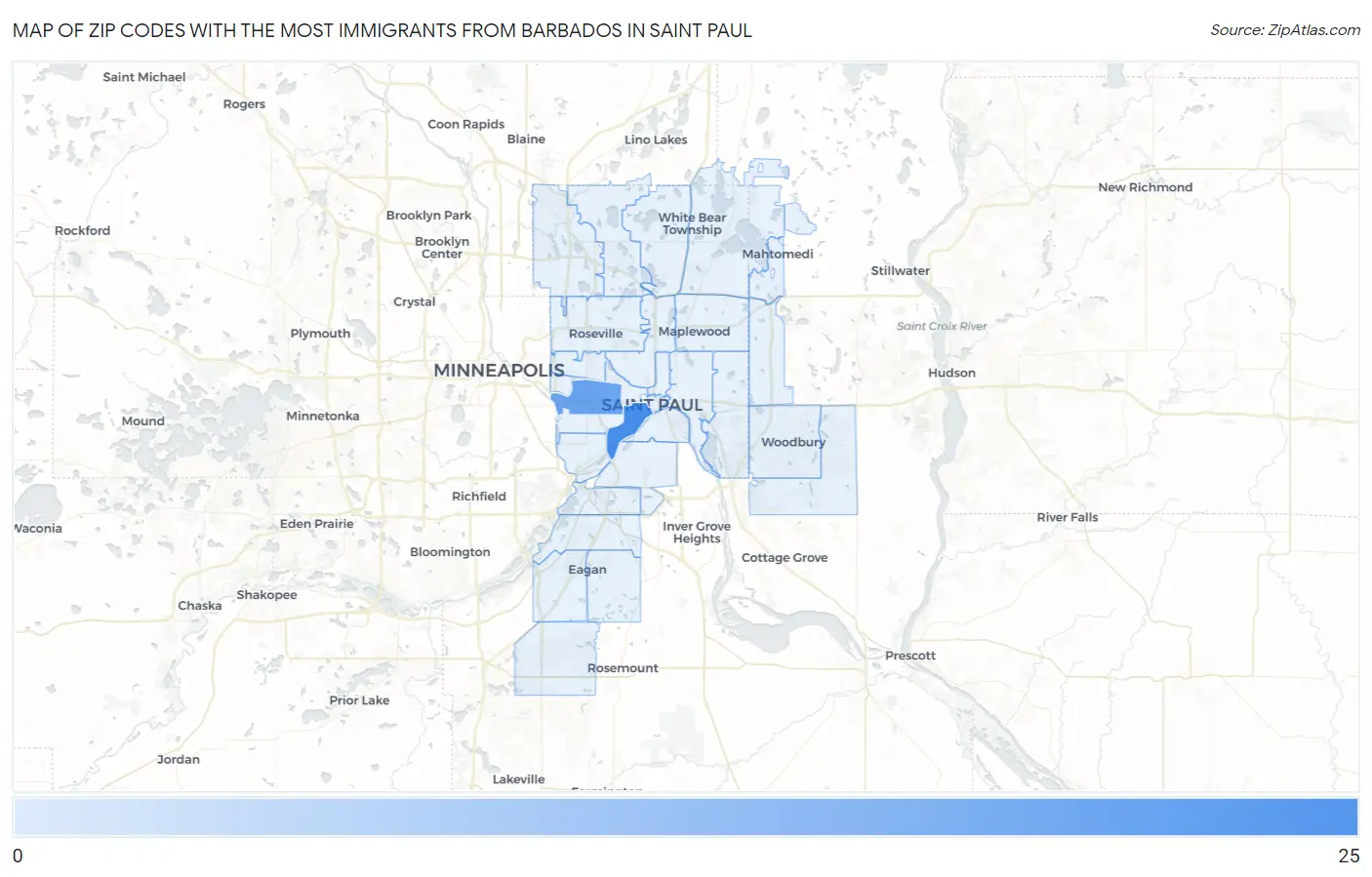 Zip Codes with the Most Immigrants from Barbados in Saint Paul Map