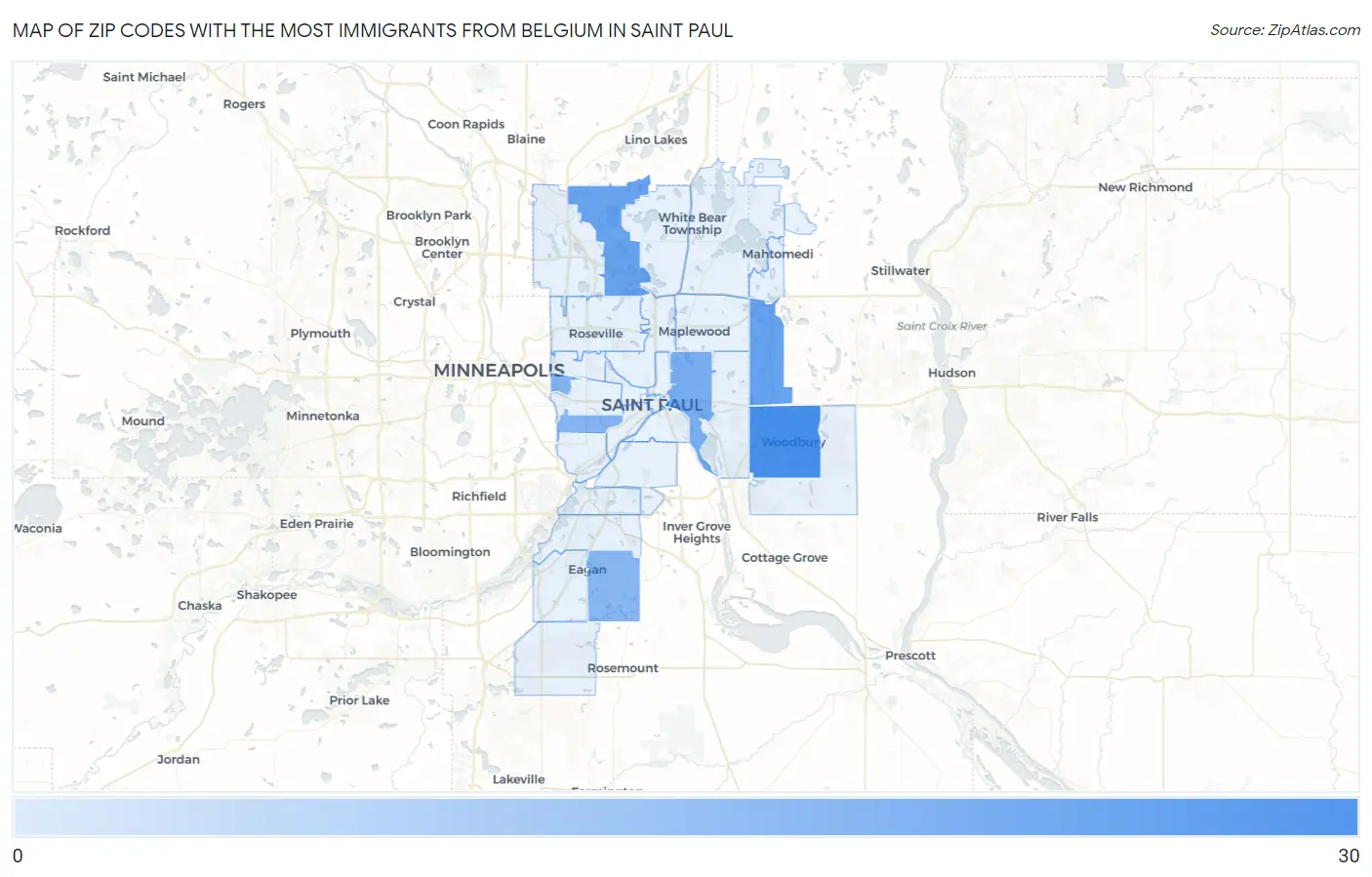 Zip Codes with the Most Immigrants from Belgium in Saint Paul Map