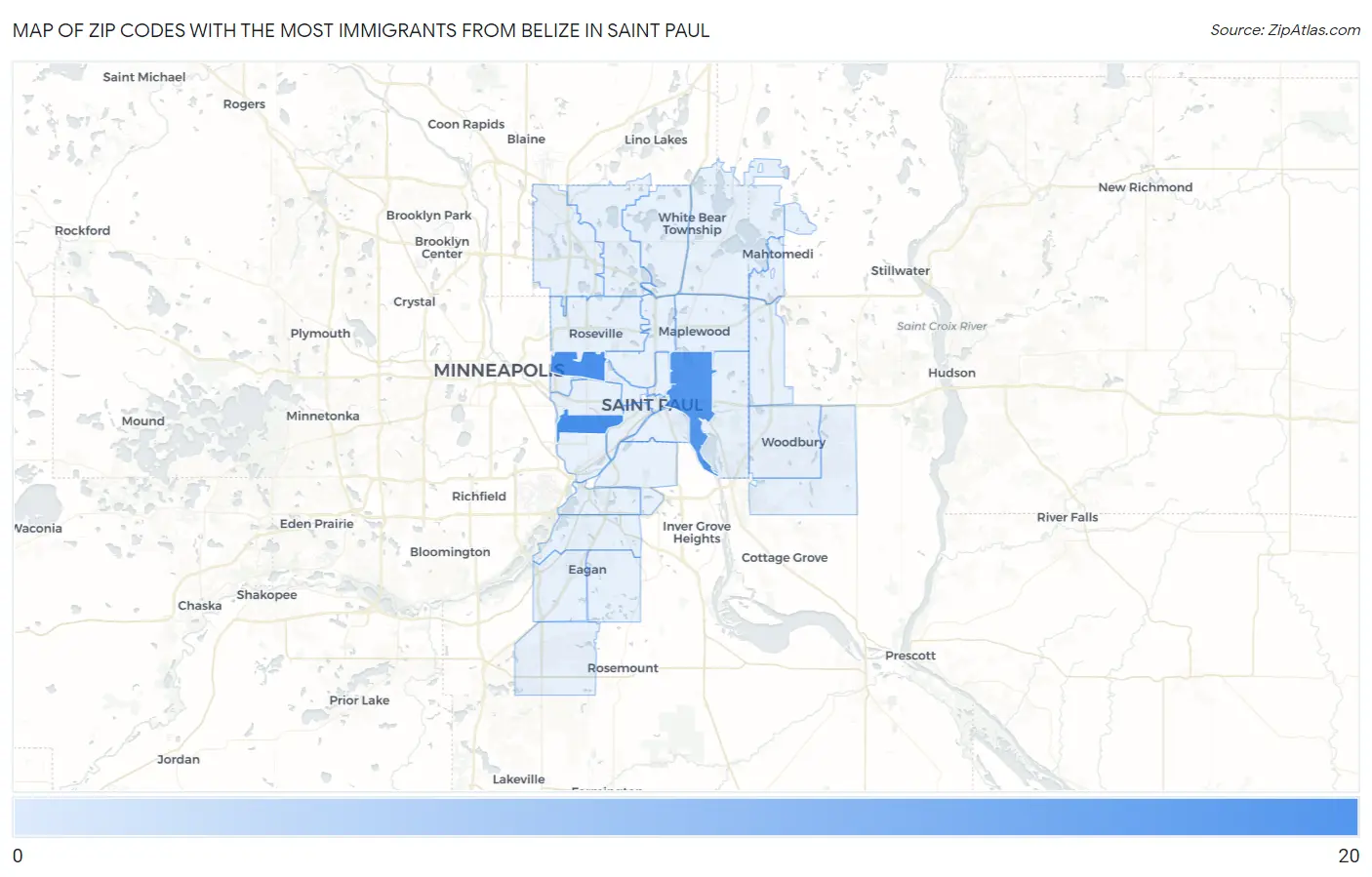 Zip Codes with the Most Immigrants from Belize in Saint Paul Map