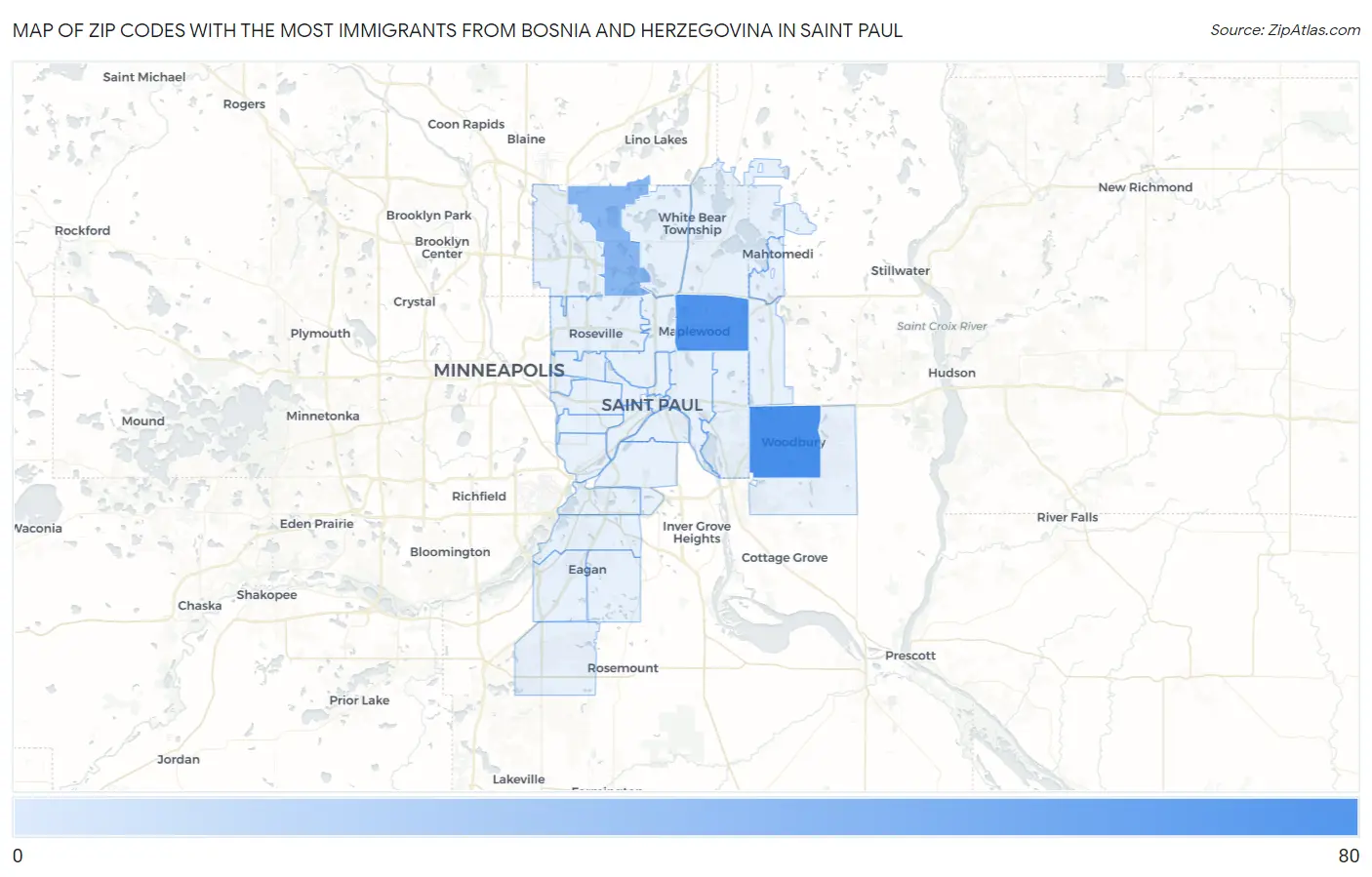 Zip Codes with the Most Immigrants from Bosnia and Herzegovina in Saint Paul Map