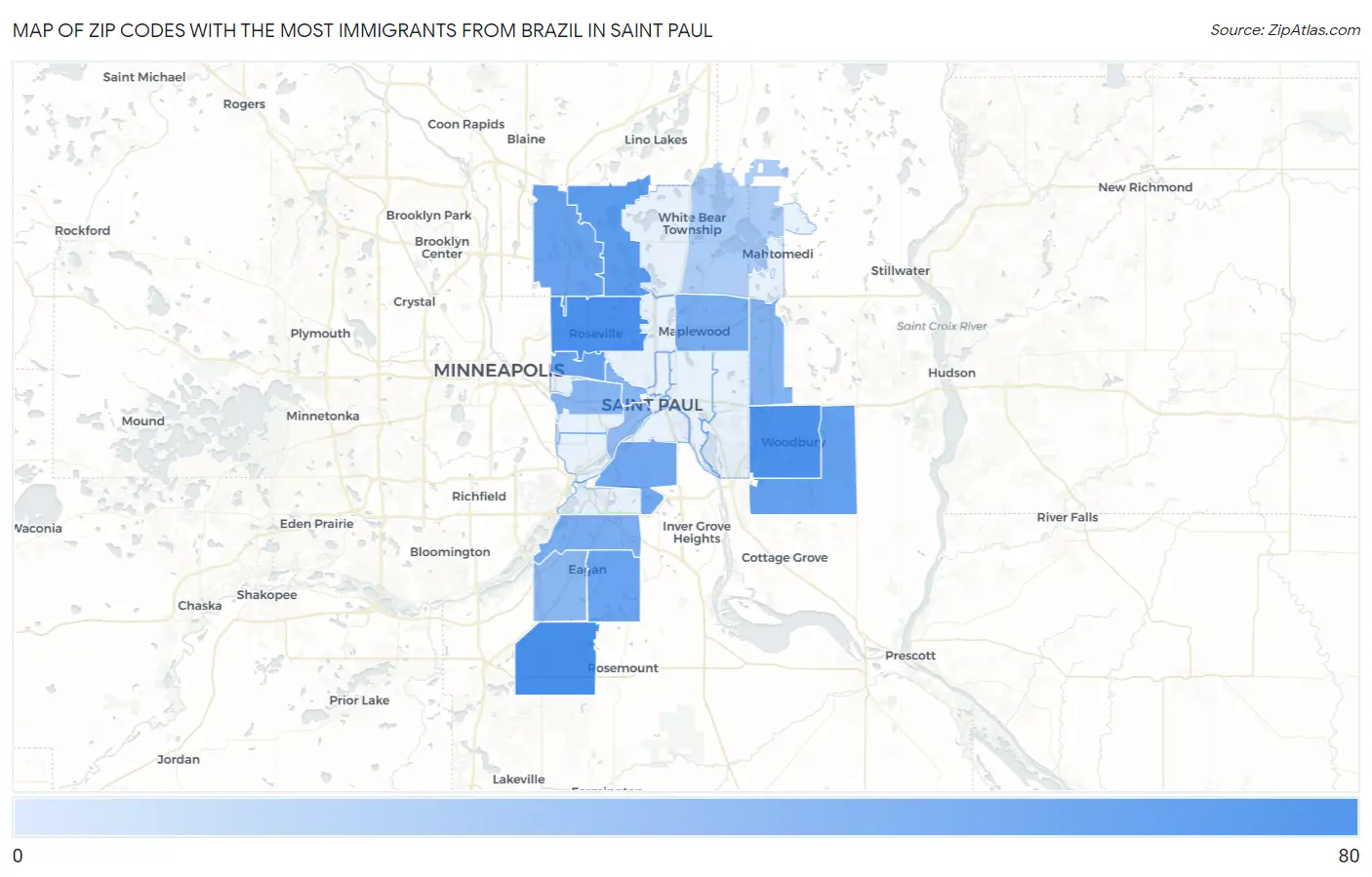 Zip Codes with the Most Immigrants from Brazil in Saint Paul Map
