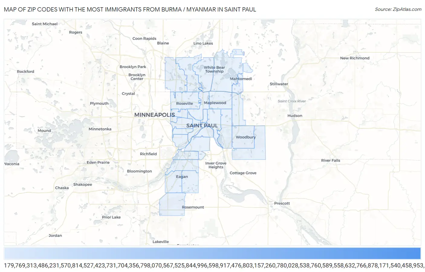 Zip Codes with the Most Immigrants from Burma / Myanmar in Saint Paul Map