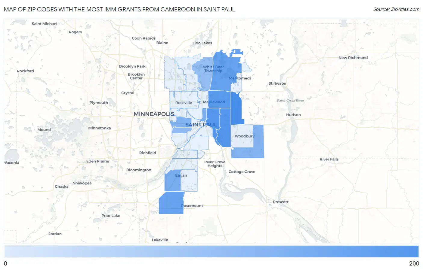 Zip Codes with the Most Immigrants from Cameroon in Saint Paul Map