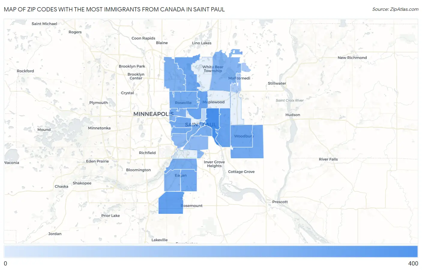 Zip Codes with the Most Immigrants from Canada in Saint Paul Map