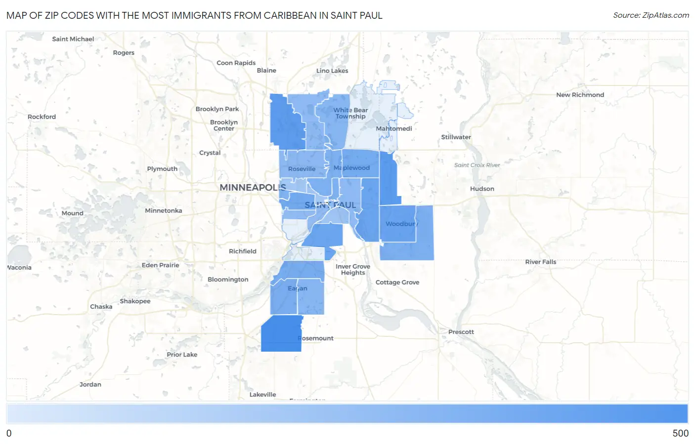 Zip Codes with the Most Immigrants from Caribbean in Saint Paul Map