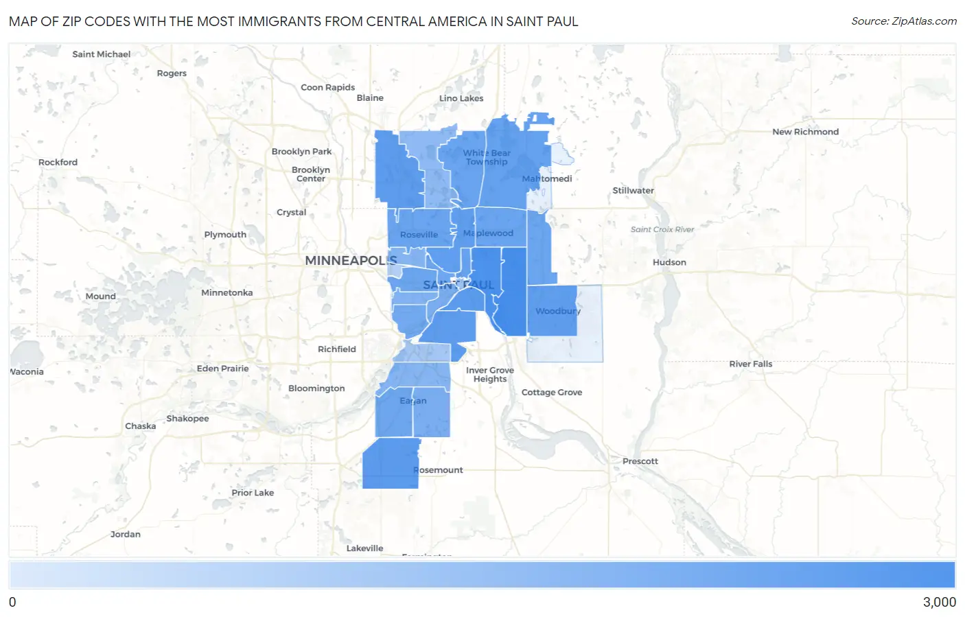 Zip Codes with the Most Immigrants from Central America in Saint Paul Map