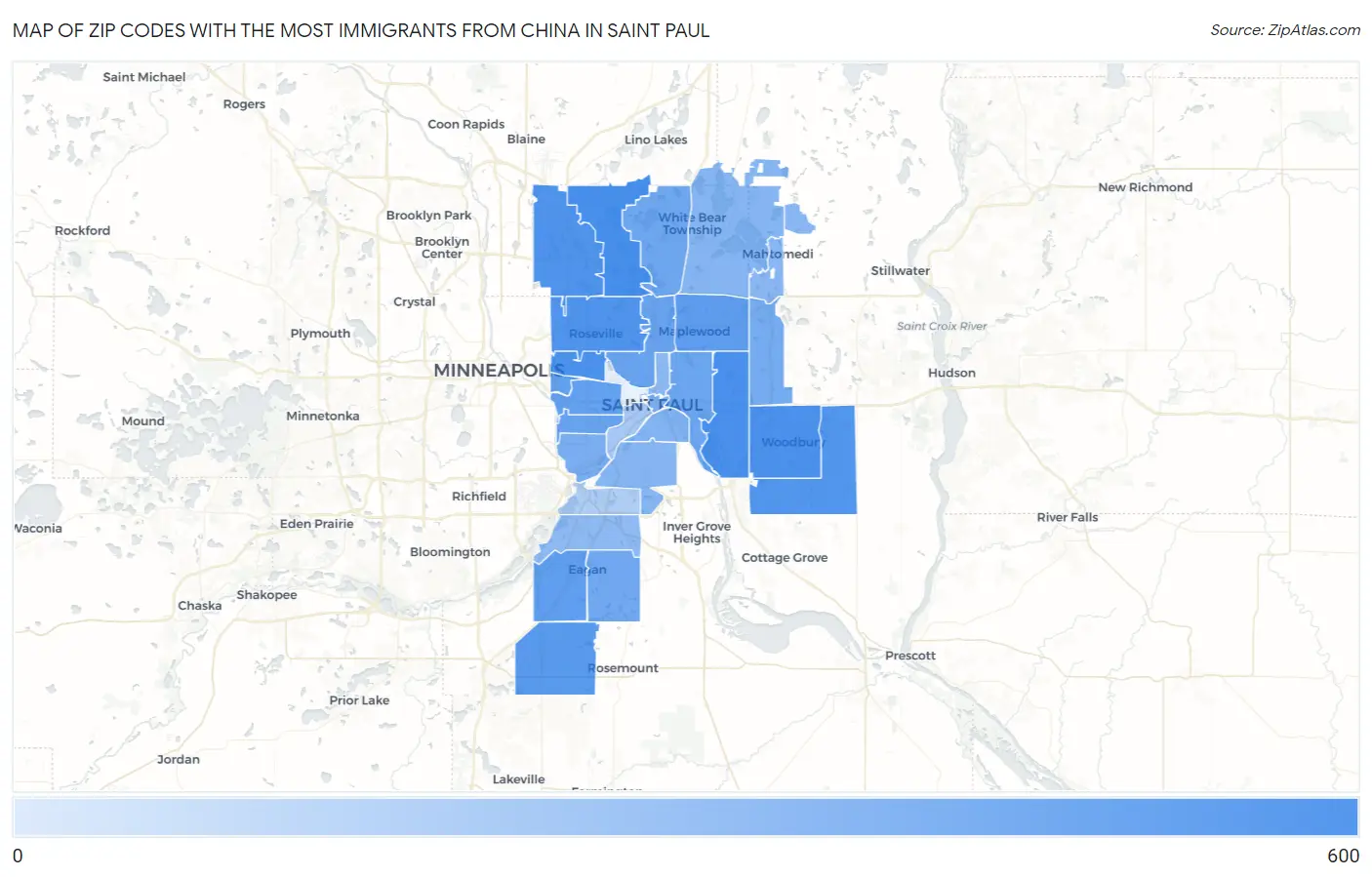 Zip Codes with the Most Immigrants from China in Saint Paul Map