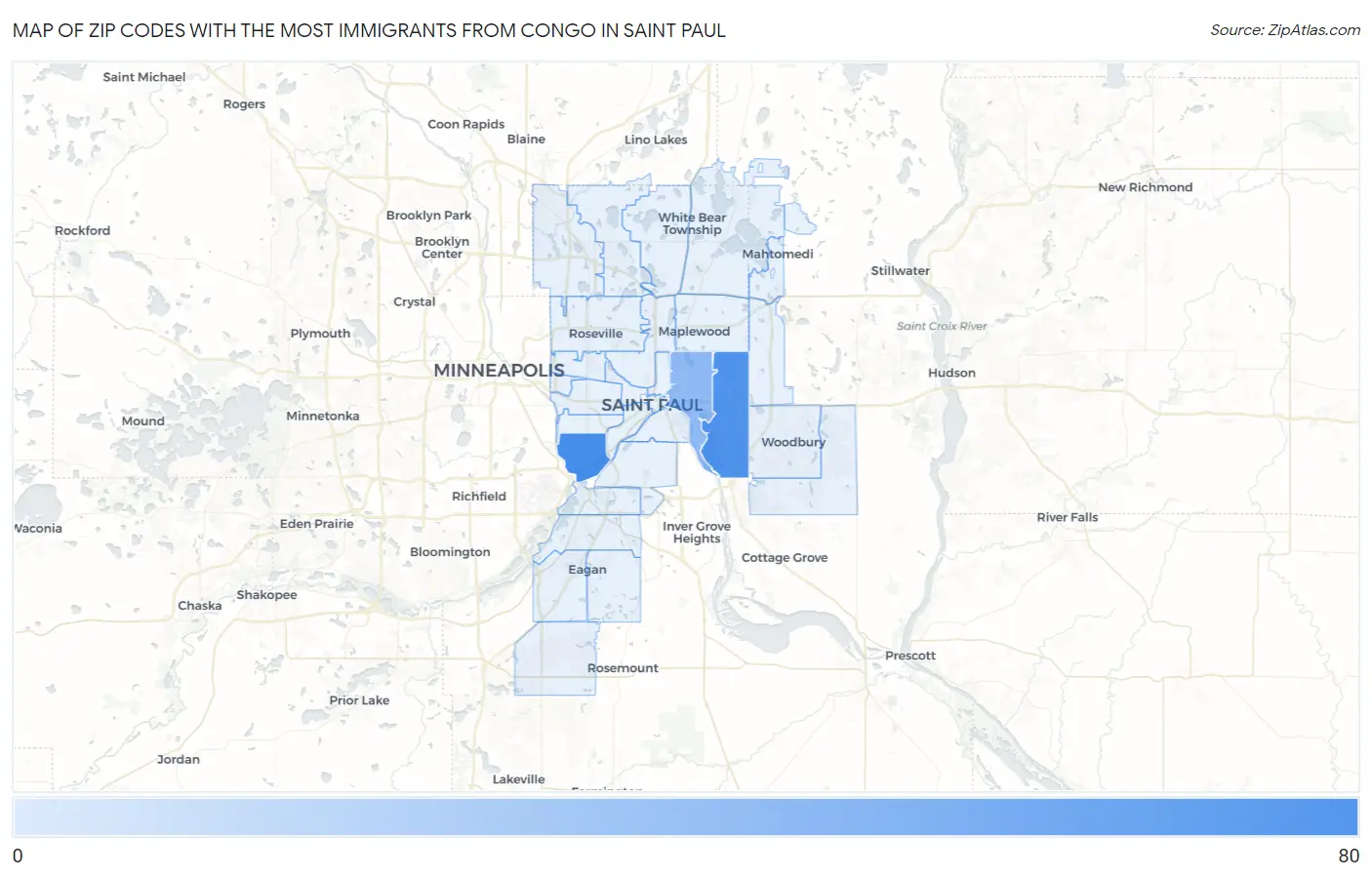 Zip Codes with the Most Immigrants from Congo in Saint Paul Map