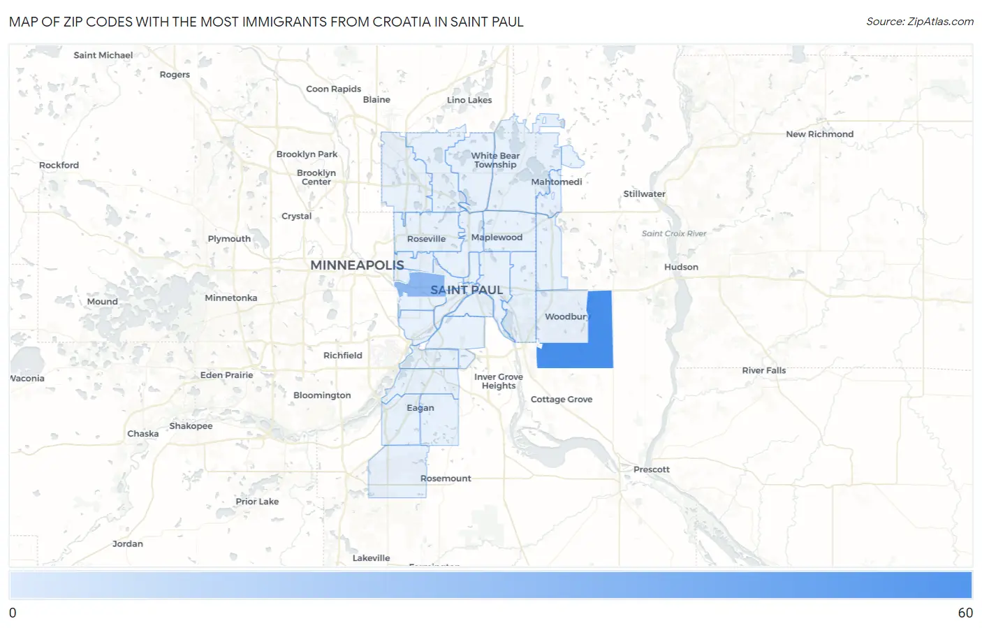 Zip Codes with the Most Immigrants from Croatia in Saint Paul Map