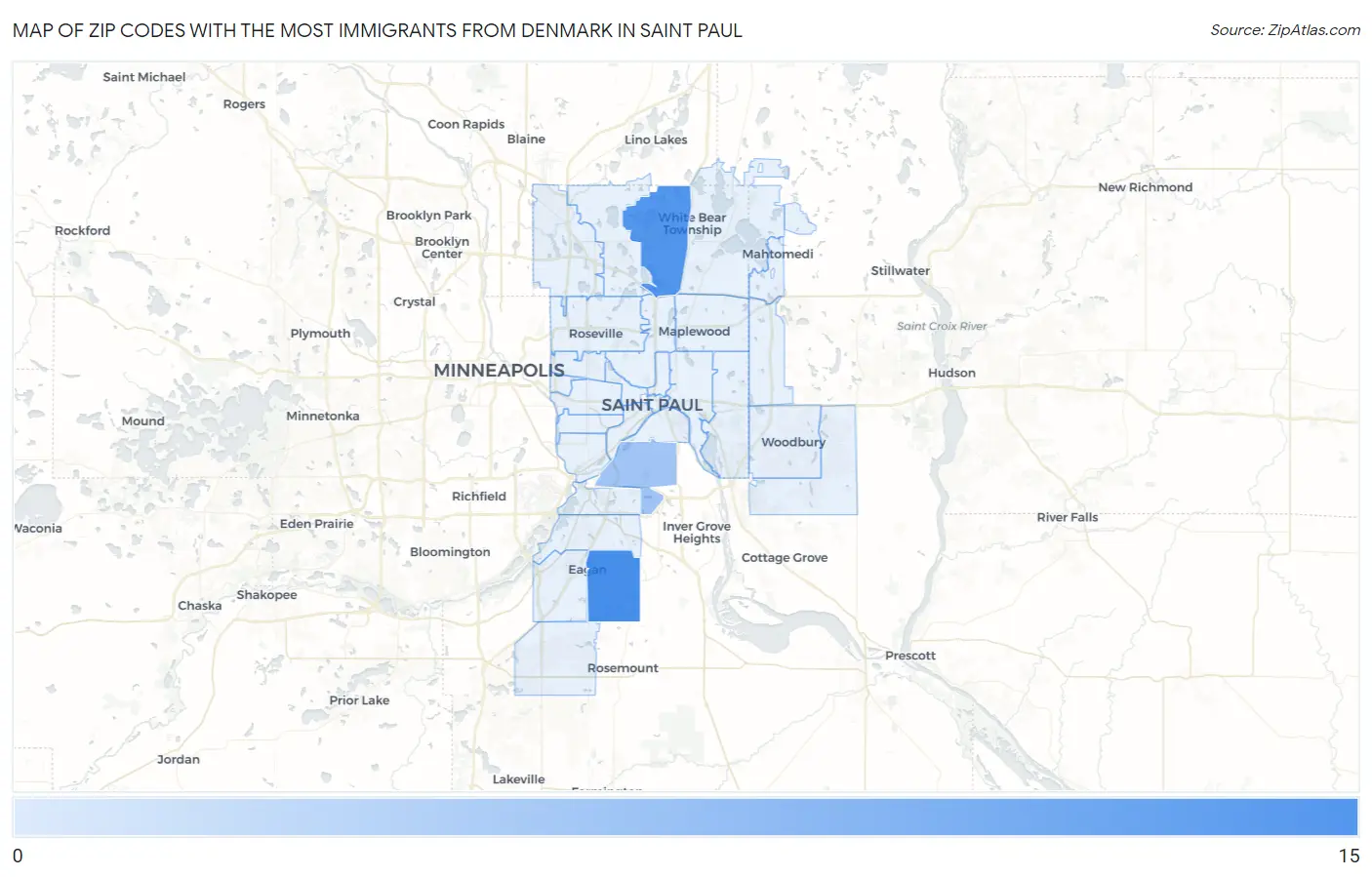 Zip Codes with the Most Immigrants from Denmark in Saint Paul Map