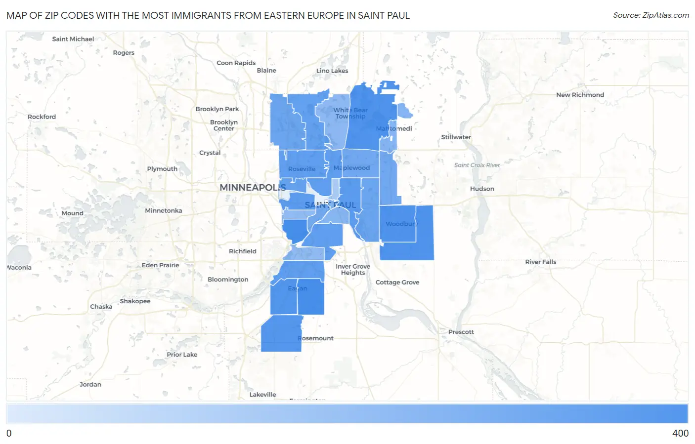 Zip Codes with the Most Immigrants from Eastern Europe in Saint Paul Map
