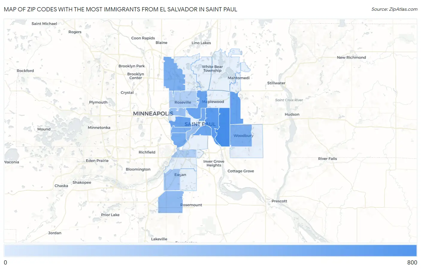 Zip Codes with the Most Immigrants from El Salvador in Saint Paul Map