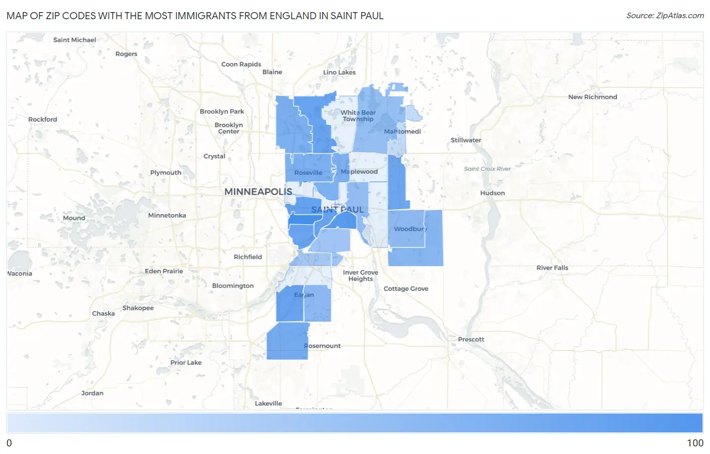 Zip Codes with the Most Immigrants from England in Saint Paul Map