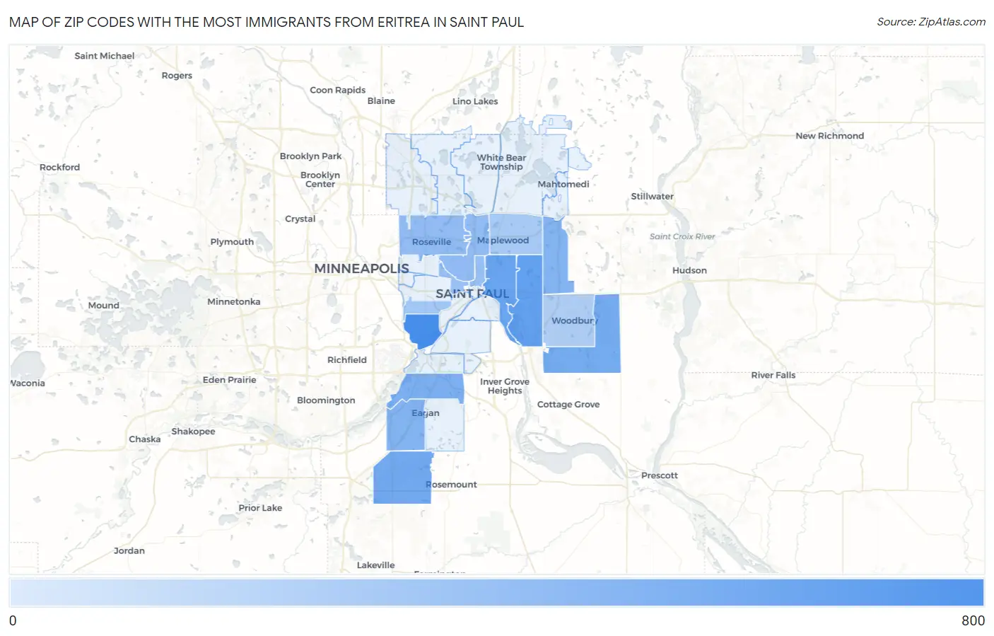 Zip Codes with the Most Immigrants from Eritrea in Saint Paul Map