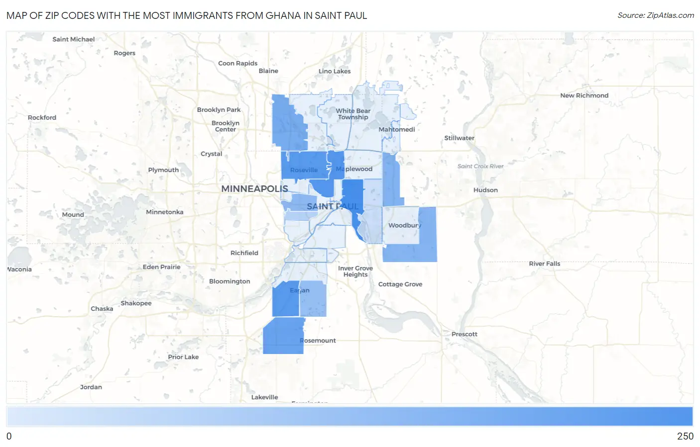 Zip Codes with the Most Immigrants from Ghana in Saint Paul Map