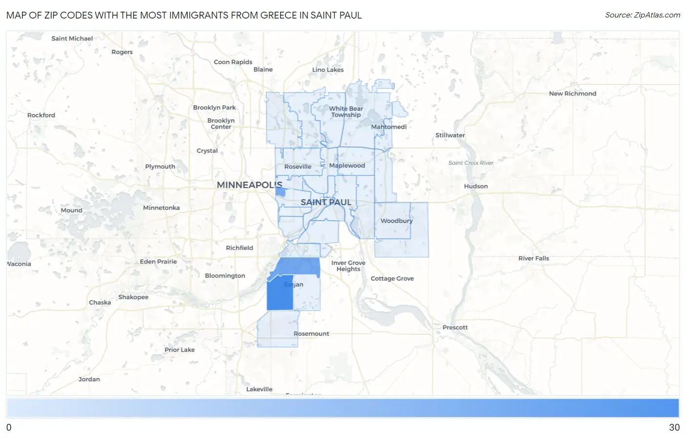 Zip Codes with the Most Immigrants from Greece in Saint Paul Map