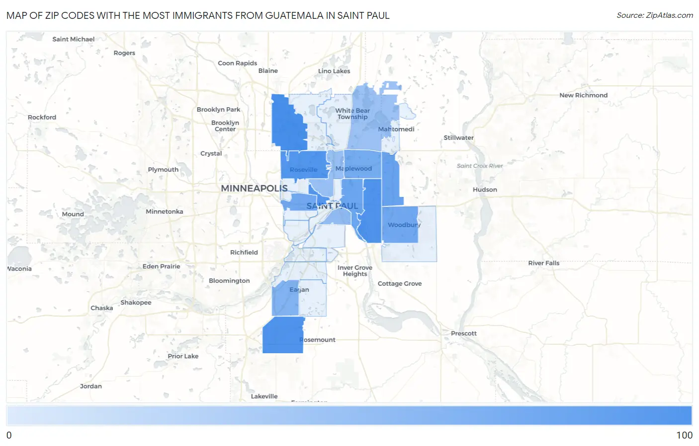 Zip Codes with the Most Immigrants from Guatemala in Saint Paul Map