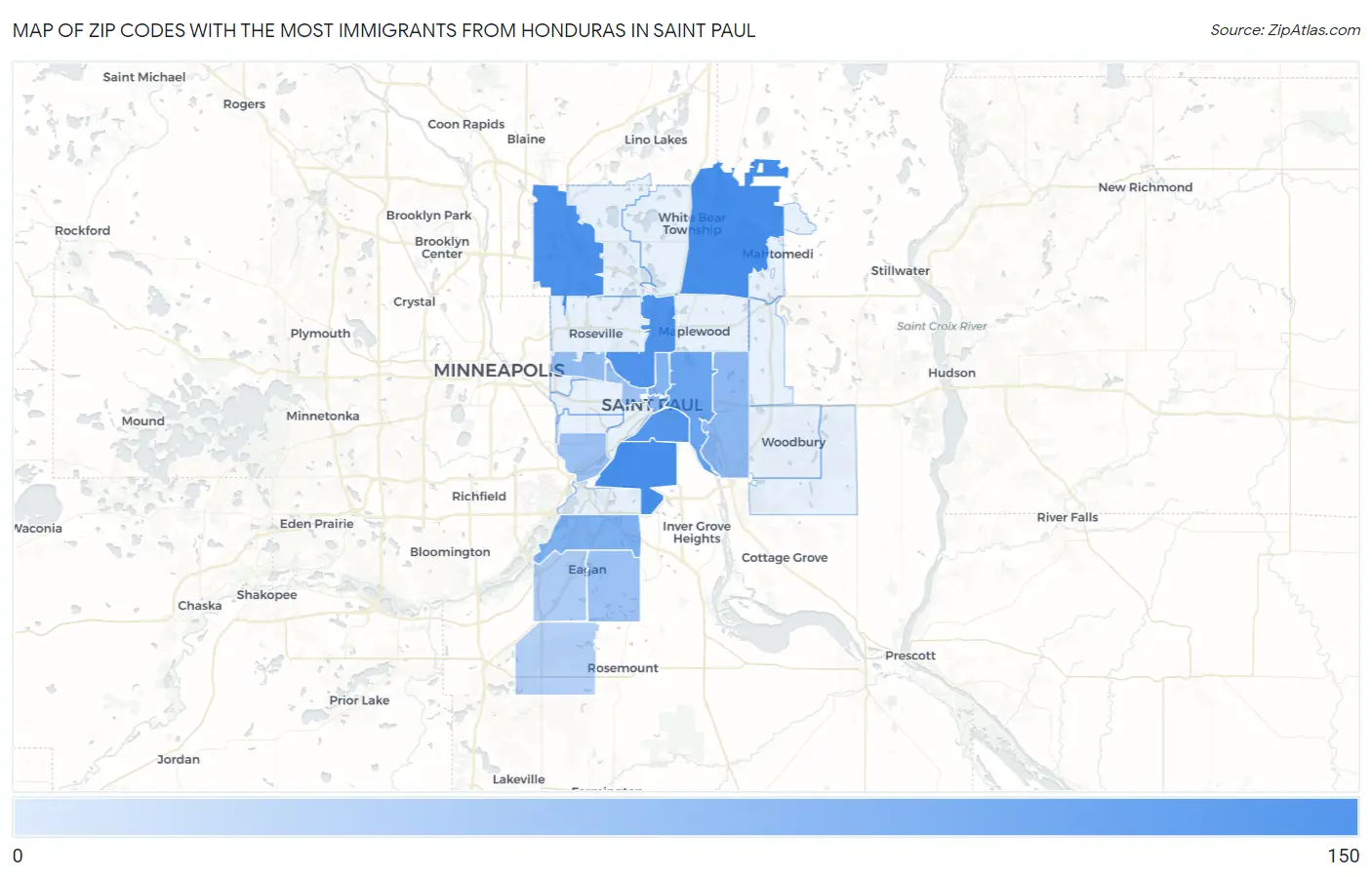 Zip Codes with the Most Immigrants from Honduras in Saint Paul Map
