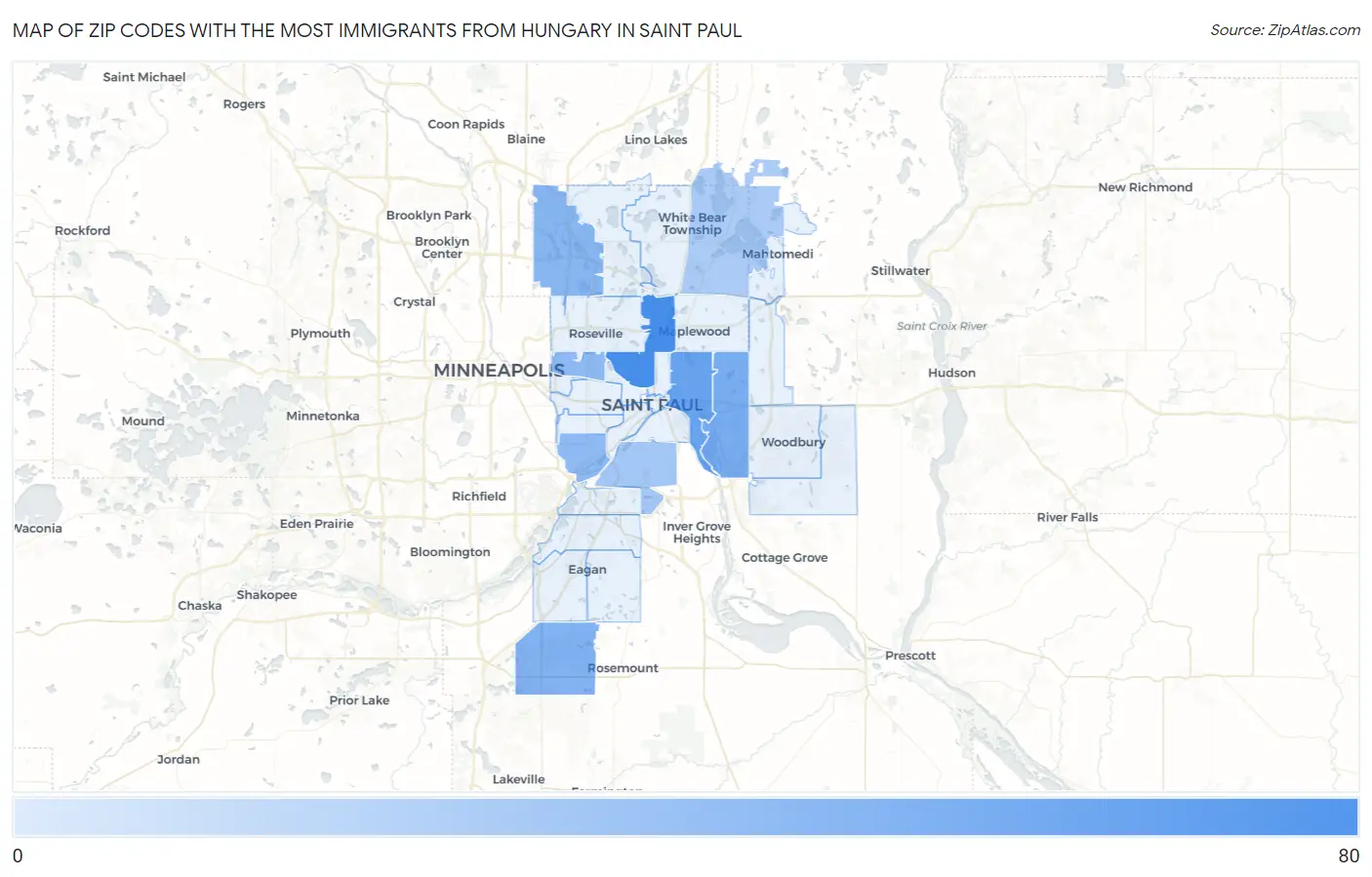 Zip Codes with the Most Immigrants from Hungary in Saint Paul Map