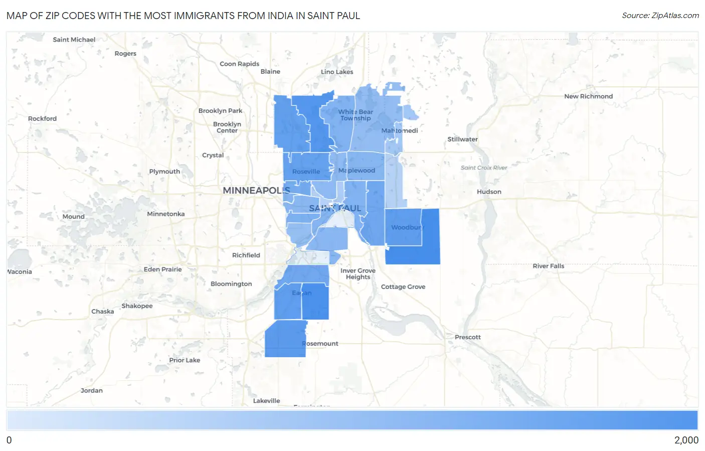 Zip Codes with the Most Immigrants from India in Saint Paul Map