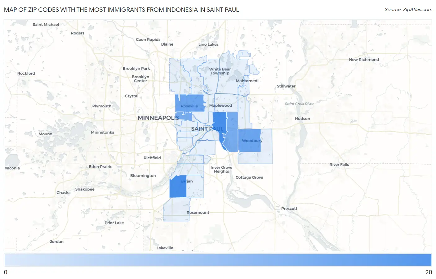 Zip Codes with the Most Immigrants from Indonesia in Saint Paul Map