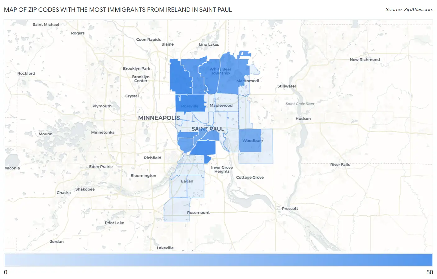Zip Codes with the Most Immigrants from Ireland in Saint Paul Map