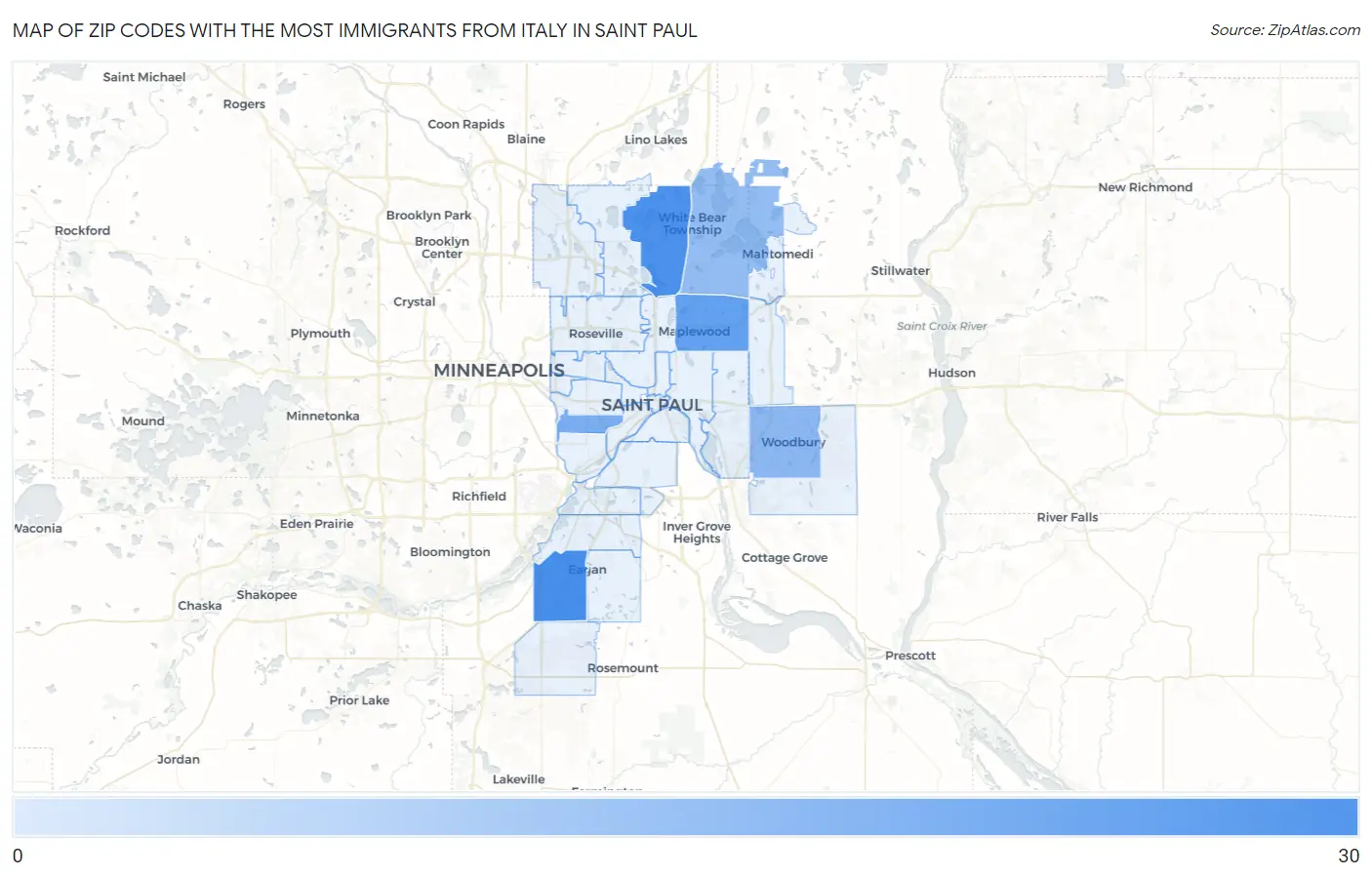 Zip Codes with the Most Immigrants from Italy in Saint Paul Map
