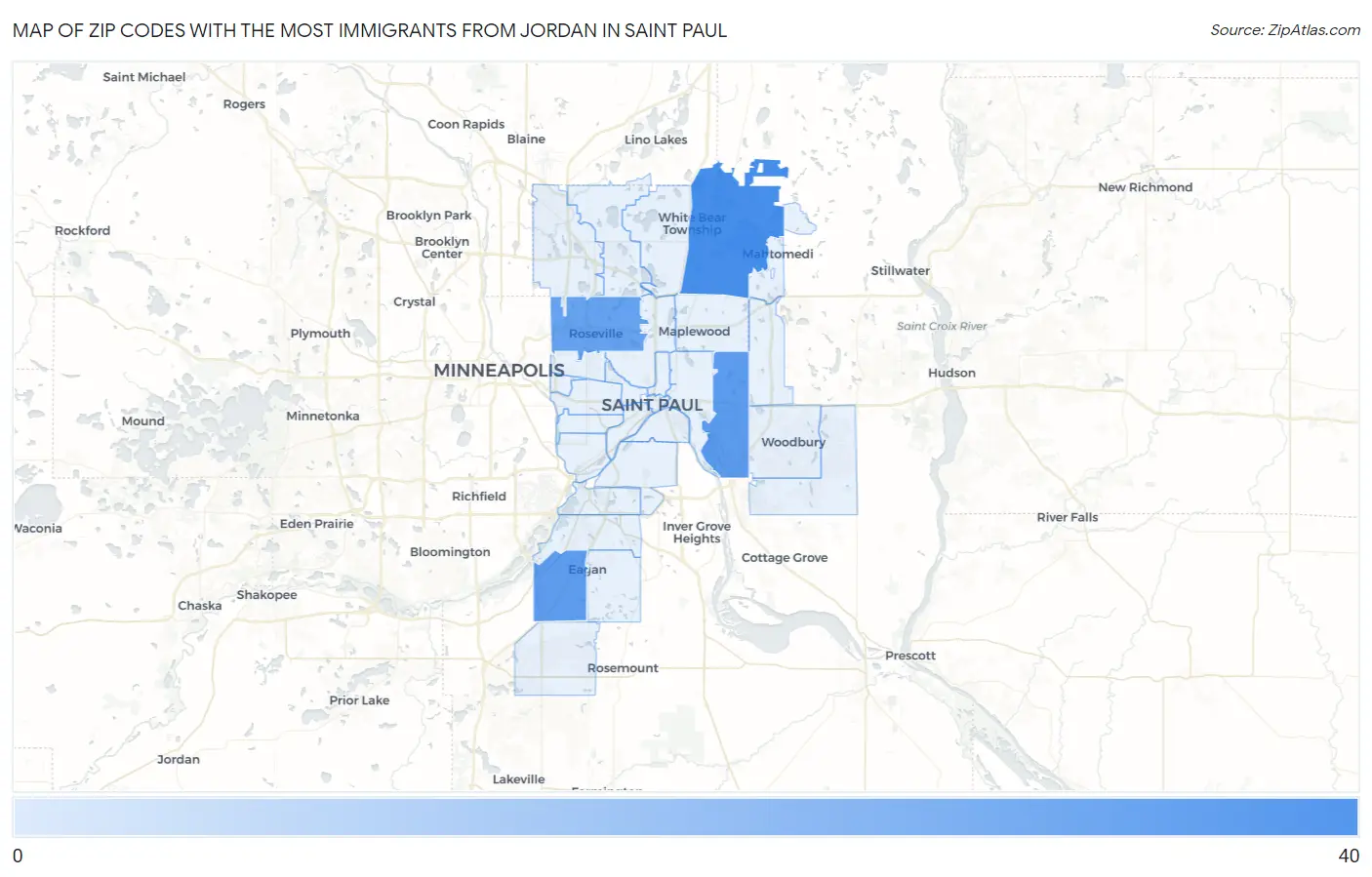 Zip Codes with the Most Immigrants from Jordan in Saint Paul Map