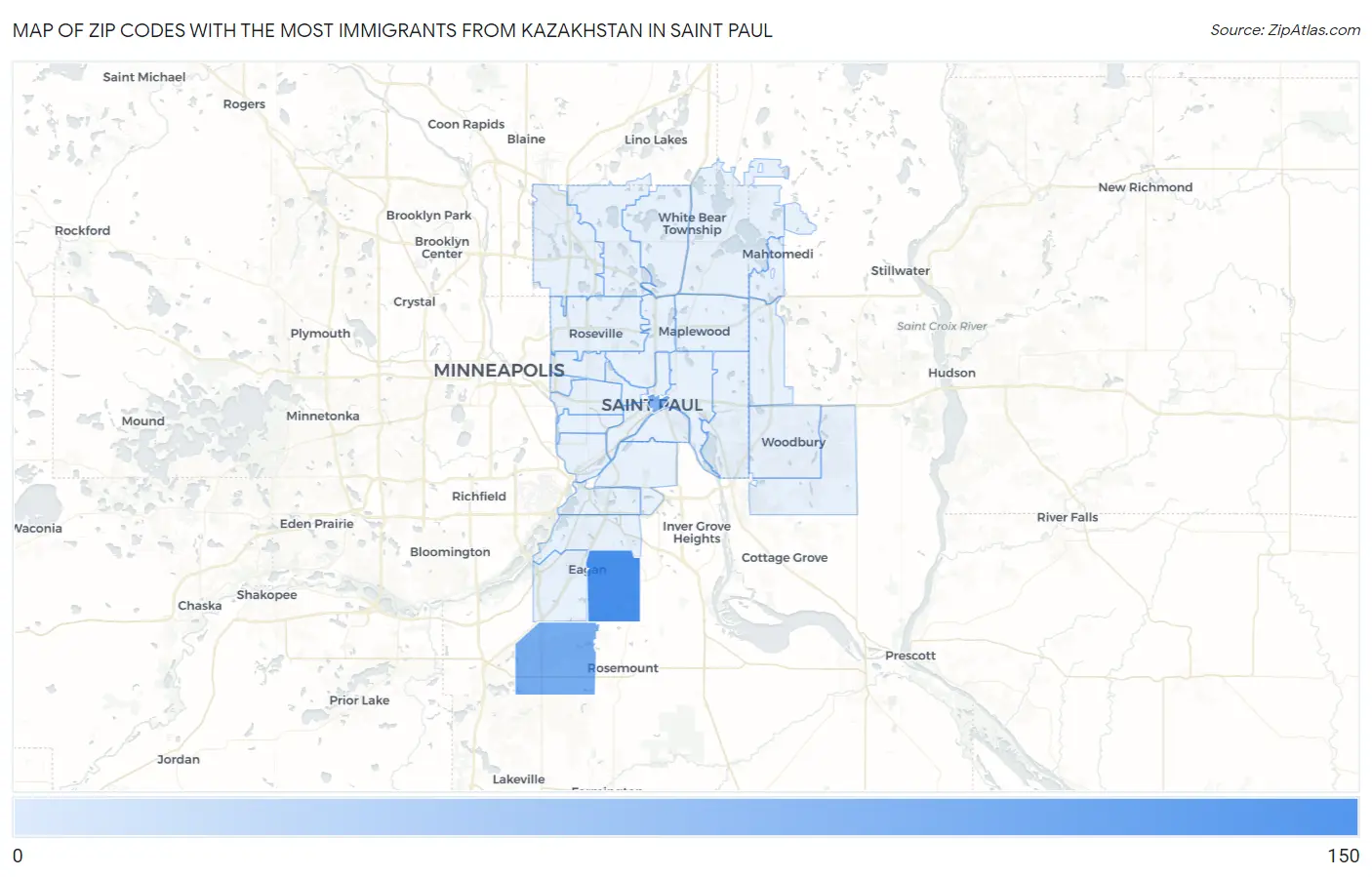 Zip Codes with the Most Immigrants from Kazakhstan in Saint Paul Map