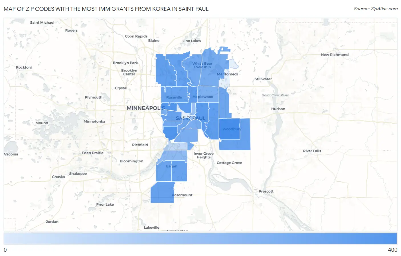 Zip Codes with the Most Immigrants from Korea in Saint Paul Map