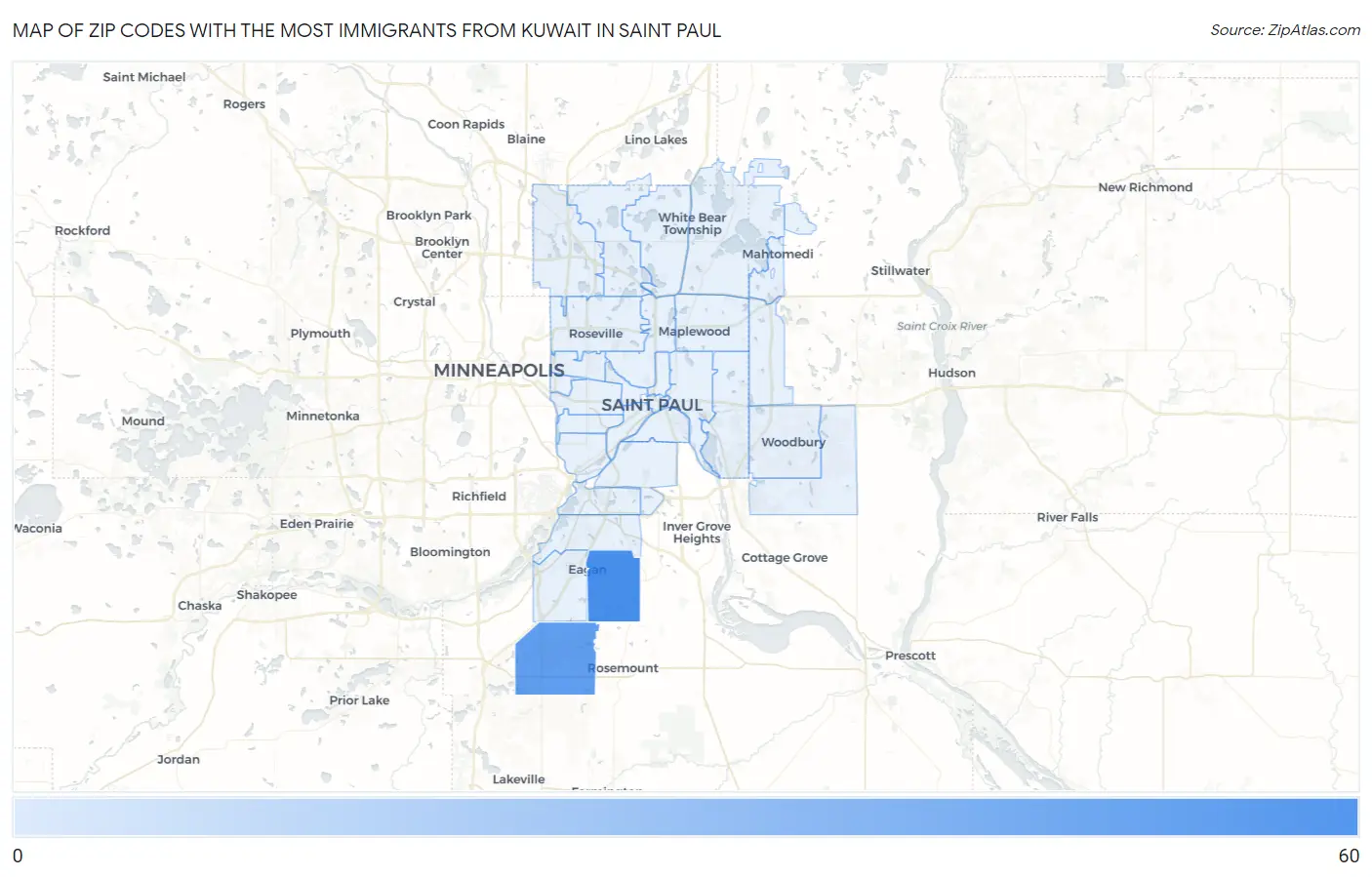Zip Codes with the Most Immigrants from Kuwait in Saint Paul Map