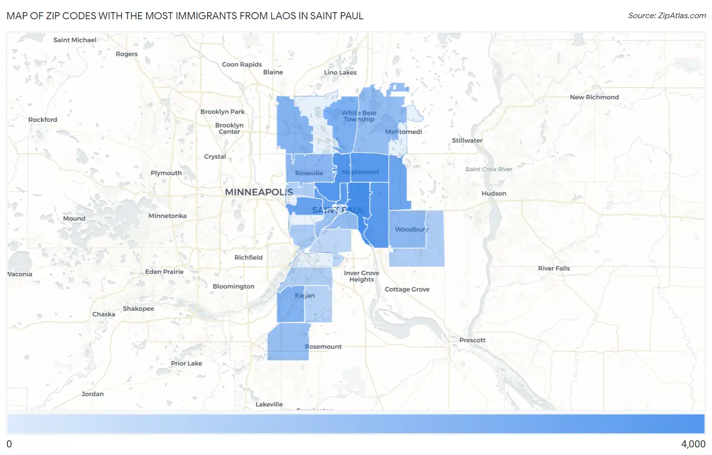 Zip Codes with the Most Immigrants from Laos in Saint Paul Map