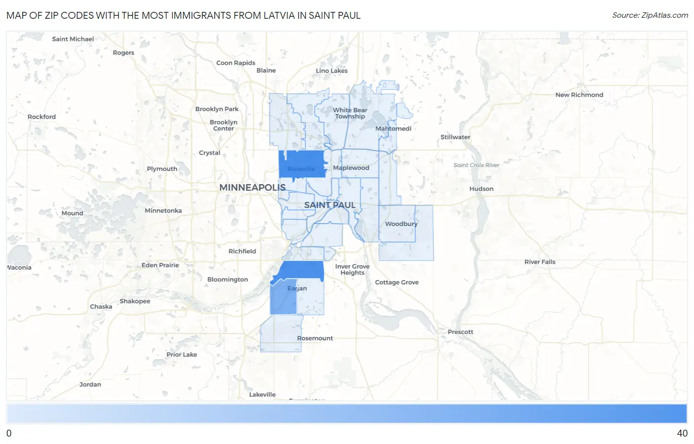 Zip Codes with the Most Immigrants from Latvia in Saint Paul Map