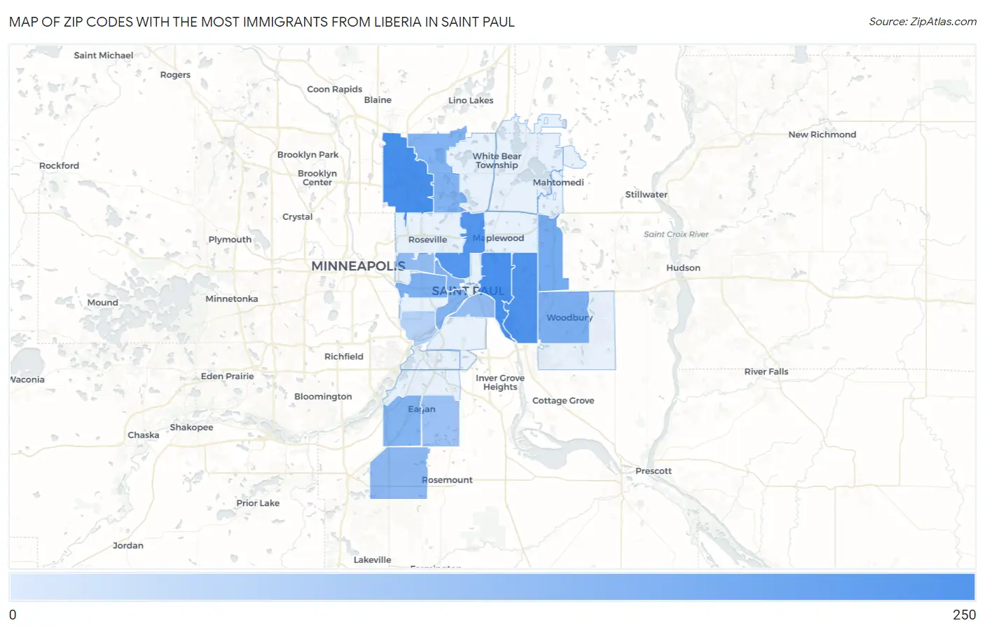 Zip Codes with the Most Immigrants from Liberia in Saint Paul Map